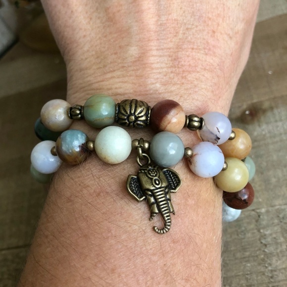 Amazonite and Brown Jasper Semi Precious Hand Strung Stretch Bead Bracelet